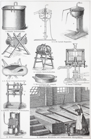 Tools and equipment for making butter, Historic, digitally restored reproduction of an original from the 19th century