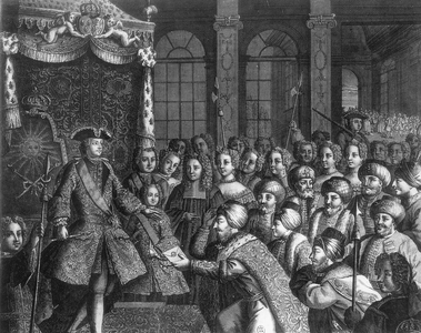 Audience given in Versailles by French king Louis XV the well-beloved to turkish ambassador Zaid-Effendi sent by emperor Mahmud Mahmut Ist 1742, engraving