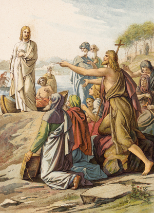 John the Baptist proclaims Christ (colour litho)