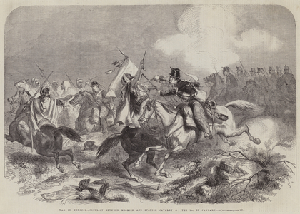 War in Morocco, Conflict between Moorish and Spanish Cavalry on the 1 January (engraving)