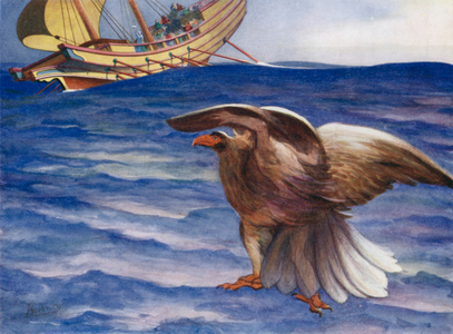 He cried "eagle"! and became and eagle, and flew into the ship (colour litho)