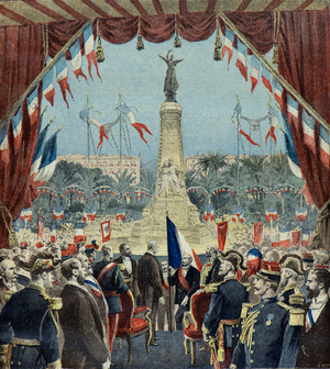 Felix Faure inaugurates the monument marking the centenary of Nice's reunion with France in 1896 (Engraving)