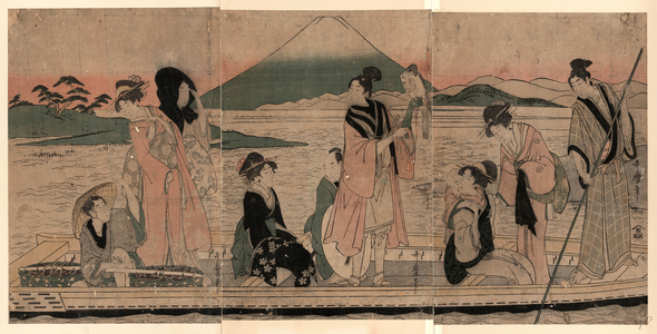 Ichi Fuji Ni Taka San Nasubi, First Dream: Fuji Utamaro, 1753?-1806, [Between 1798 and 1801], 1 Print (3 Sheets) : Woodcut, Color ; 36.4 X 24.5  (Left Panel), 35.8 X 24.2  (Center Panel), 36 X 24.5  (Right Panel), Print Shows Five Women, Four Men, and a Child in a Ferry; One Man is Poling the Boat and One Man is a Porter Seated at the Back of the Boat with Baskets of Eggplants, the Women, Child, and a Man Holding a Falcon on His Left Forearm, and the Fourth Man May Be a Hunting Party Being Ferried Across the River. View of Mount Fuji in the Background.
