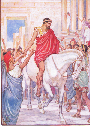 The multitude saluted him with loud acclamations, illustration from 'The Story of Greece ', 1930's (colour litho)