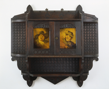 Hanging Wall Cabinet with Ceramic Plaques, c. 1890s (black walnut and earthenware)