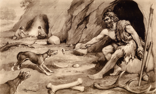 Cave man feeding dog (litho)