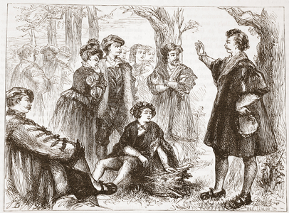 A Wittemberg Student Preaching in Lime-Tree Meadow, illustration from 'The History of Protestantism' by James Aitken Wylie (1808-1890), pub. 1878 (engraving)