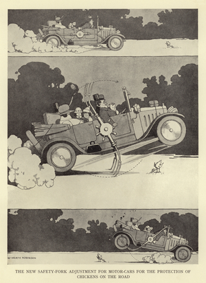 The new safety-fork adjustment for motor-cars for the protection of chickens on the road (litho)