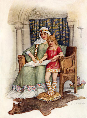 Alfred the Great learning to read (colour litho)