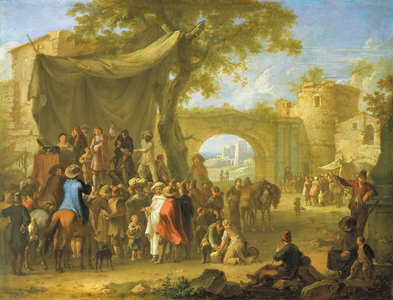 Figures of the Commedia dell'Arte acting out a quack doctor scene (oil on copper)