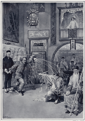 The Chinese play at the Duke of York's Theatre: the spider entangling the hero in his net in act III of 'The Yellow Jacket'. Published in The Sphere, 12 April 1913. (litho)