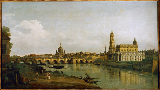 Dresden, Germany, seen from the right bank of the Elbe, below Augustus Bridge (oil on canvas)