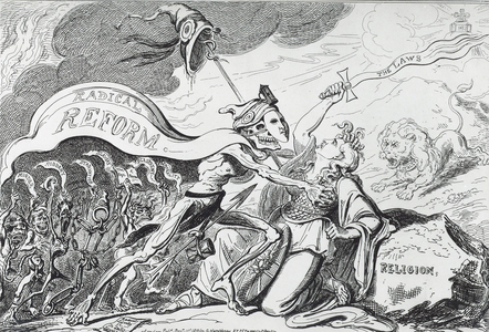 Death or Liberty ... Or Britannia & the Virtues of the Constitution in danger of Violation from the great Political Libertine. Britannia defending Law, Monarchy and Religion against Radical Reform, a skeleton carrying the Cap of Liberty, an emblem of the French Revolution. Cartoon by George Cruikshank published London 1819. 