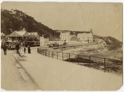 Horse-tram number 27 and Electric Car with Trailer number 17 at Derby Castle, Douglas, late 19th century (b/w photo)