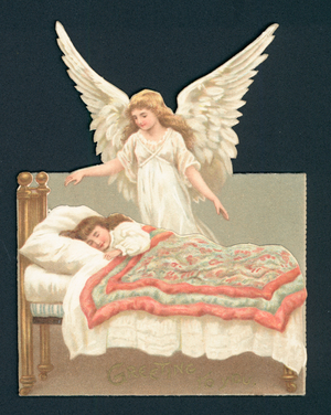 Angel overlooking girl asleep in bed, Victorian scrap (chromolitho)