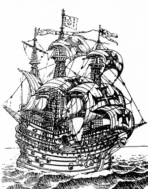 Portugal / Malaysia: The Portuguese carrack "Frol de la Mar" (built c. 1501, sunk 1511) as represented in Francisco Rodrigues "Roteiro de Malaca" (Malacca Rutter), 16th century