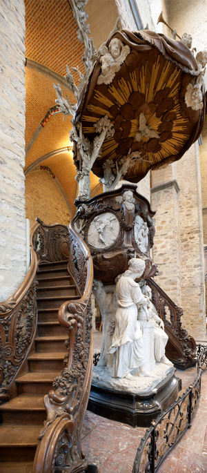 Collegiate church. Interior. Pulpit. Laurent Delvaux (1696-1778). Marble and wood. Baroque.