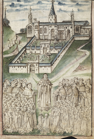 Ms. New Coll 288, f3r. (Chaundler manuscript), 'Life of William of Wykeham' by Thomas Chaundler (pen and ink & tempera on vellum)