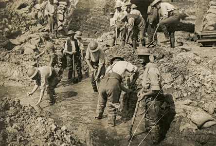 British working party draining captured ground, Flanders, 1914-18 (b/w photo)