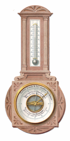A Victorian die-cut shape card of a barometer, c.1880 (colour litho)