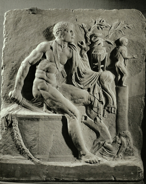 Orestes in Delphi asking the oracle, being persued by the Erinnyes after the murder of Klytaimnestra