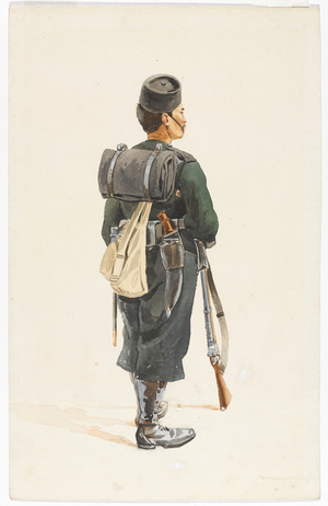 Rifleman of the 4th Gurkha Regiment in marching order, 1890 (w/c)
