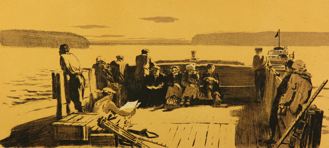 Morning on the Ferry on the Angara River, Siberia, 1957 (litho)