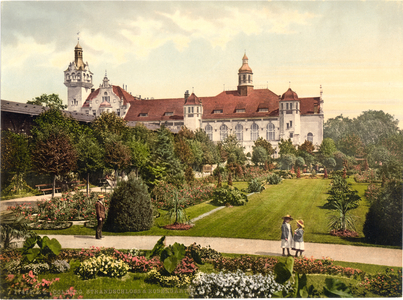 Castle and rose garden, Colberg, Germany, c.1900 (colour litho)