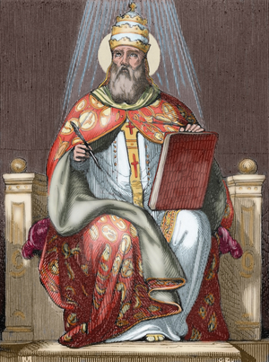 Saint Damasus I, (304-384). Roman pope (366-384). Colored engraving.