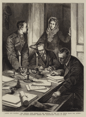 Ladies and Politics, San Stefano, Five O'Clock in the Morning of the Day on which Peace was signed, the Countess Ignatieff keeping the Chancellery Clerks at Work (engraving)
