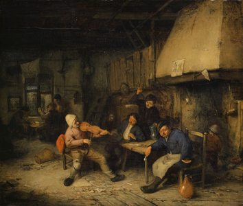 Violin Player and Drinking Farmers in a Tavern, 1663 (oil on wood)