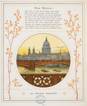 Bon retour. A view of the River Thames, showing a railway bridge and St. Paul's cathedral.