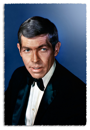 James COBURN, US actor, promotional postcard portraying him as Derek Flint's performer in the film “Our Man Flint” directed by Daniel Mann, spy comedy, parody American of James Bond character