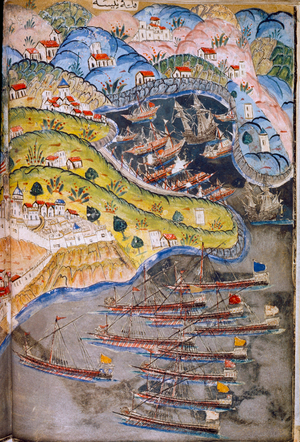 Pirates attack Nice,France held by the Roman Empire, in 1543. Topkapi Museum, Istanbul, Turkey., 1980s (photo)