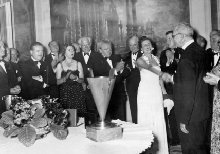 Leni Riefenstahl receives from Bernardo Attolico the movie award Coppa Mussolini, 1939 (b/w photo)