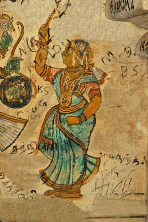 India, Tamil Nadu, Thanjavur (Tanjore) Brihadishwara Hindu Temple (1010 AD), wall painting with graffitti.
