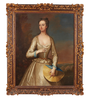 Three quarter length portrait of a lady in white holding a straw bonnet (oil on canvas)