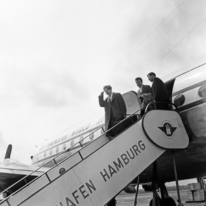 Shortly after leaving the plane the Chris Barber Band at Hamburg airport, Germany 1950s