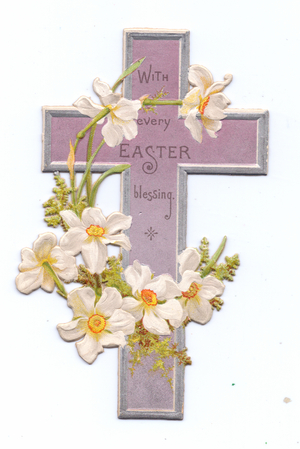 A Victorian religious Easter card of a die-cut cross decorated with white anemones, c.1880 (colour litho)