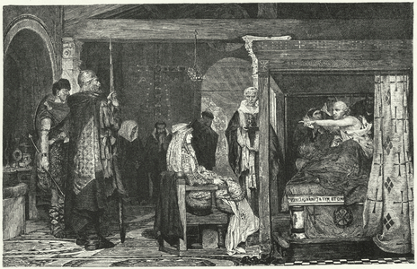 Queen Fredegund at the deathbed of Bishop Praetextatus, 586 (engraving)