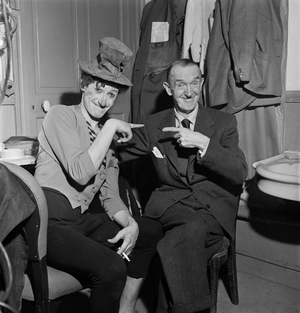 Marceau with Stan Laurel, who visited Marceau in his dressing room, Paris, France, 1951 (photo)