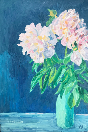Peonies On Blue, 2020 (oil on board )