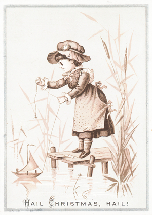 Young girl on jetty with yacht, Christmas Card (chromolitho)