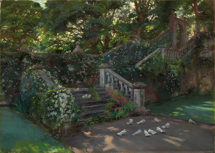 The Golden Hour: The west staircase to the upper terrace at Balcaskie, Fife (oil on canvas)