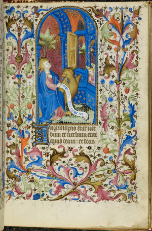 John writing, assisted by his evangelist symbol, the eagle, with an angel looking upon from an open window, with an illuminated initial 'I'(n) and a full foliate border