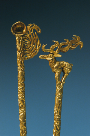 Two gold headdress pins recovered from a royal Scythian tomb., 2022 (photo)