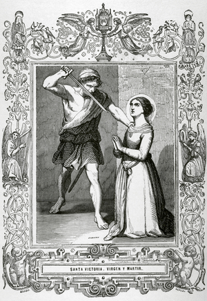 The executioner about to pierce the heart of Saint Victoria with a sword (engraving)