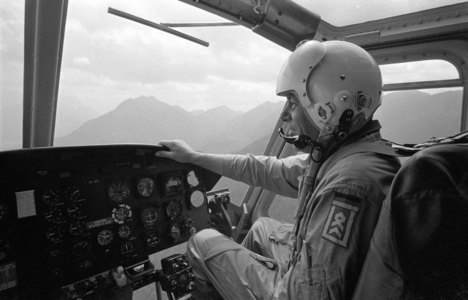 View of the cockpit of a rescue helicopter, 1970 (b/w photo)