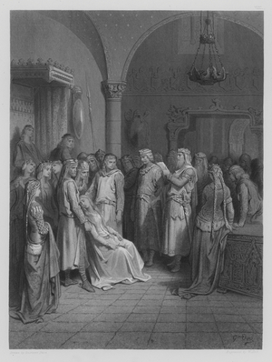 King Arthur reading the Letter of Elaine, illustration from Tennyson's 'Idylls of the King', c.1878 (engraving)