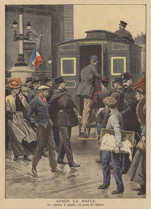 Criminals being loaded into a police wagon after a raid in Paris (colour litho)